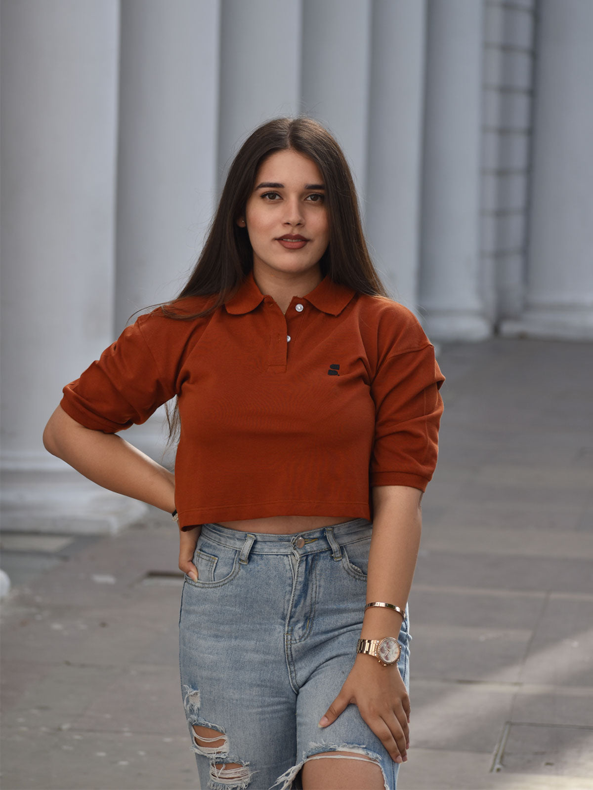 Supima Cropped Polo: Brown